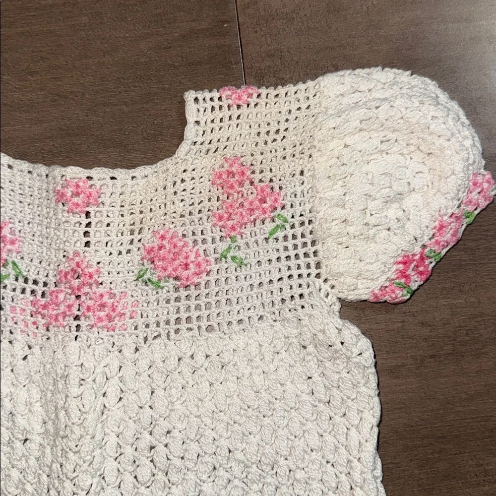 VTG Handmade Crocheted Baby Dress White w/ Pink Floral Embroidery & Puff Sleeves